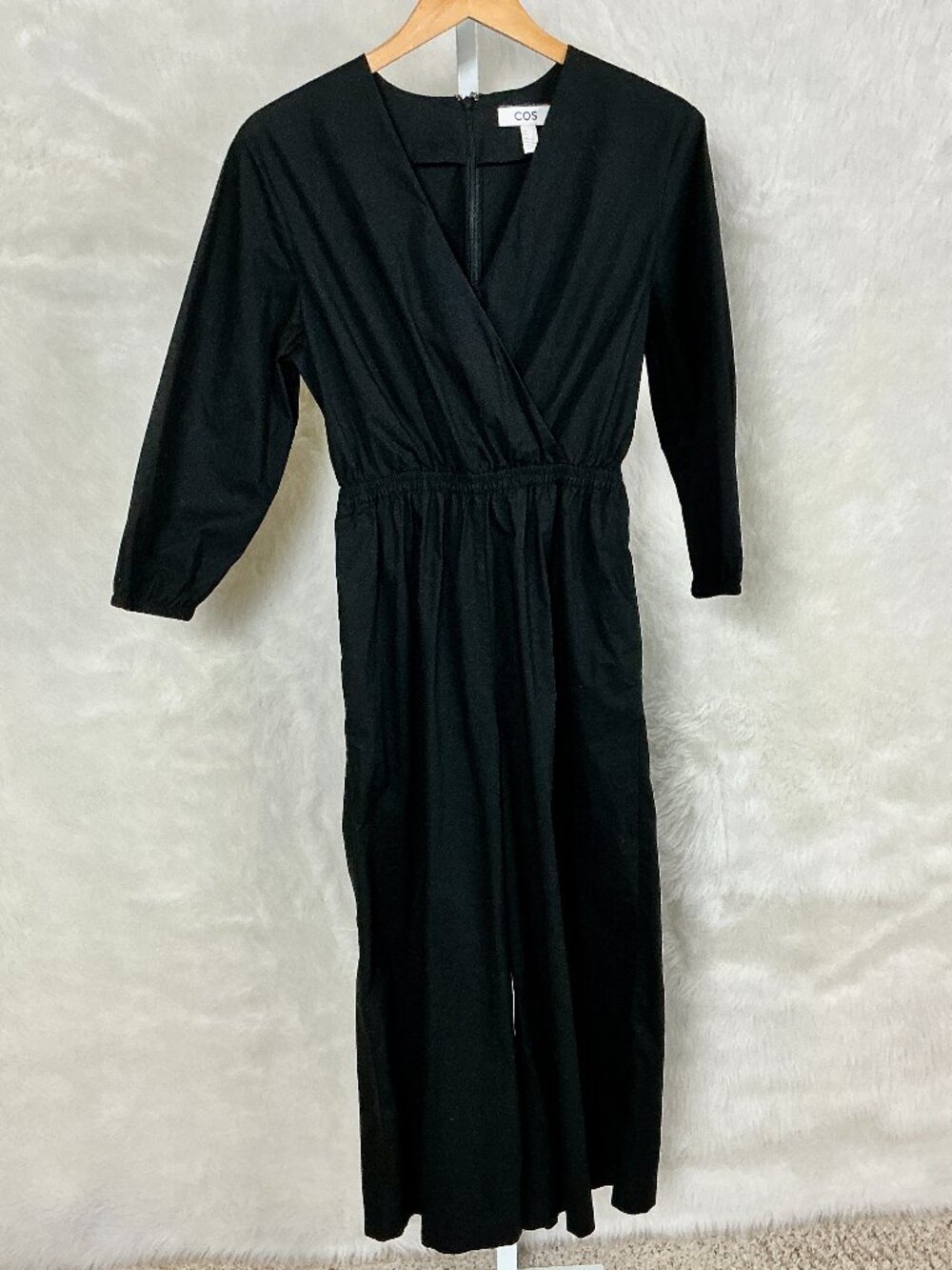 Cos Black Long Sleeve Cotton Blend V-Neck Wide Leg Culotte Jumpsuit 4